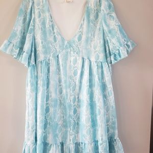 Peach Love California Ruffle Hem Dress in Light Blue Python Print - Size Large